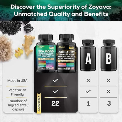 Zoyava Dynamic Vitality Bundle, Sea Moss 7000mg, Black 4000mg, Ashwagandha 2000mg, Ginger 9000mg, Rhodiola 1000mg, Panax (...