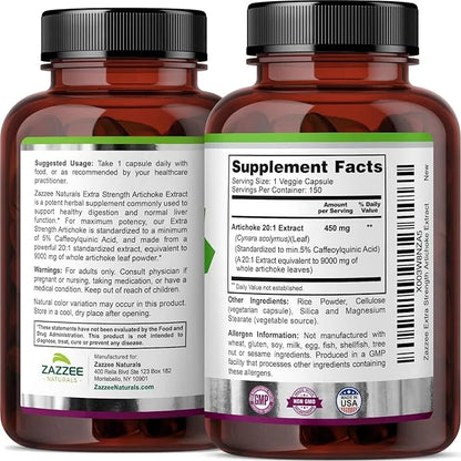 Zazzee Extra Strength Artichoke 20:1 Extract, 9000 mg 5% Caffeoylquinic 150 Vegan 5 Month 20X Extract,