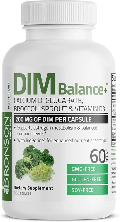 Bronson DIM Balance+ Calcium D-Glucarate, Broccoli Sprouts and Vitamin D3 200 MG of DIM per Capsule Supports Estrogen Meta...