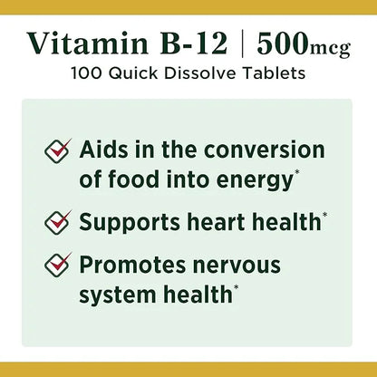 Nature's Bounty Vitamin B12, Supports Energy 500mcg, 100 100 Quick