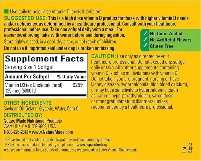 Nature Made Extra Strength Vitamin D3 5000 IU (125 mcg), 360 Softgels, 360 Day