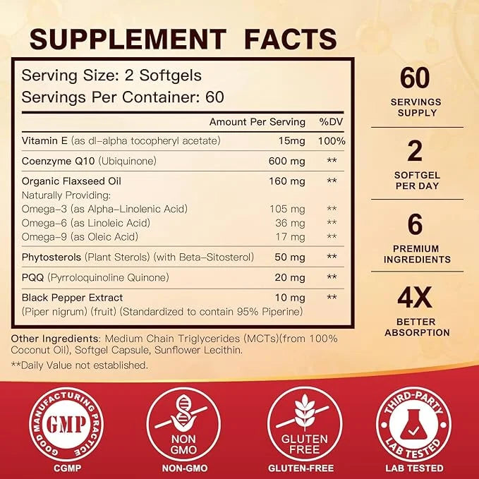 CoQ10 600 mg Softgels CoQ10 Supplement CQ10 Coenzyme-Q10 Coenzyme-Q10 with 3 & 60 Servings