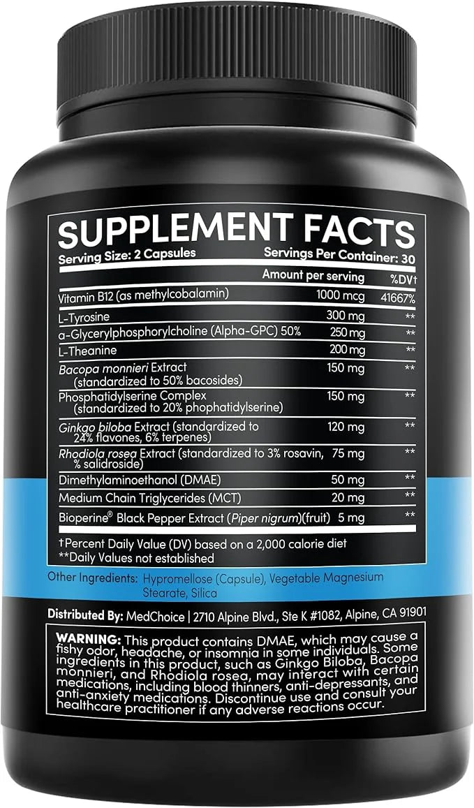 11-in-1 Nootropic Brain Supplements for Memory, Focus and Brain Support with Ginkgo Biloba, L Theanine, Bioperine, Alpha G...