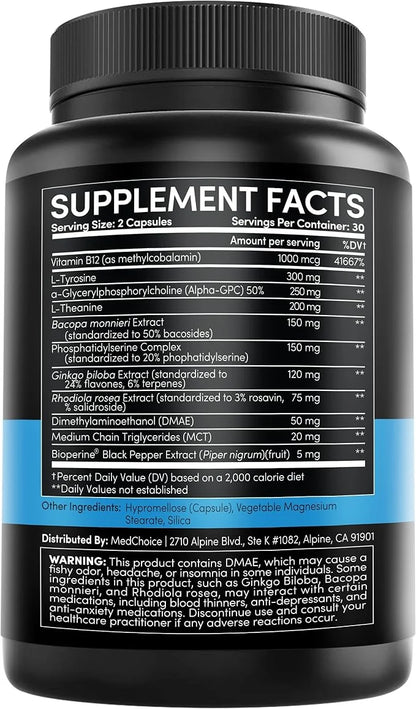 11-in-1 Nootropic Brain Supplements for Memory, Focus and Brain Support with Ginkgo Biloba, L Theanine, Bioperine, Alpha G...