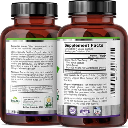 Zazzee USDA Organic Vitex, 500 mg Strength, 120 Vegan Capsules, 4 Month Supply, Standardized and Concentrated 4X Extract, ...