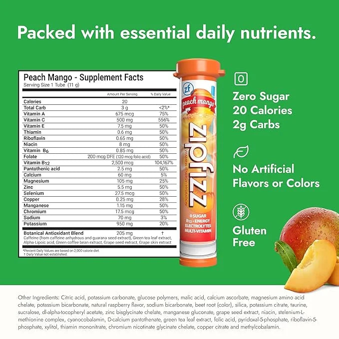 Zipfizz Daily Energy Drink Powder, Peach Mango, 20 Pack | 3-in-1 Sustained Energy, Rapid Hydration, and Essential Vitamins...