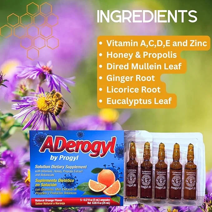 Oral Vitamins with A, C, D, E, Zinc, Bee Honey, Propolis, and Botanical Extracts - Natural Orange Flavor - 5 Ampoules (0.8...
