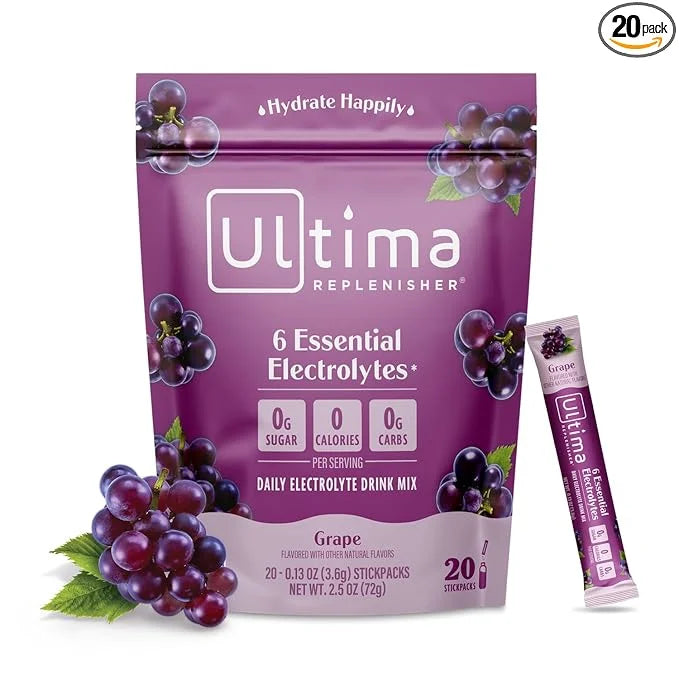 Ultima Replenisher Daily Electrolyte Powder Drink Mix – Grape, 20 Stickpacks – Hydration Packets with 6 Key Electrolytes a...