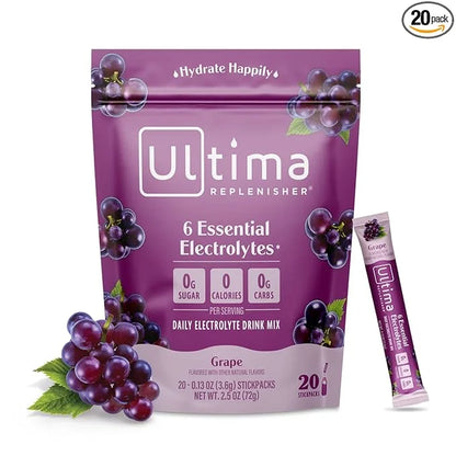 Ultima Replenisher Daily Electrolyte Powder Drink Mix – Grape, 20 Stickpacks – Hydration Packets with 6 Key Electrolytes a...