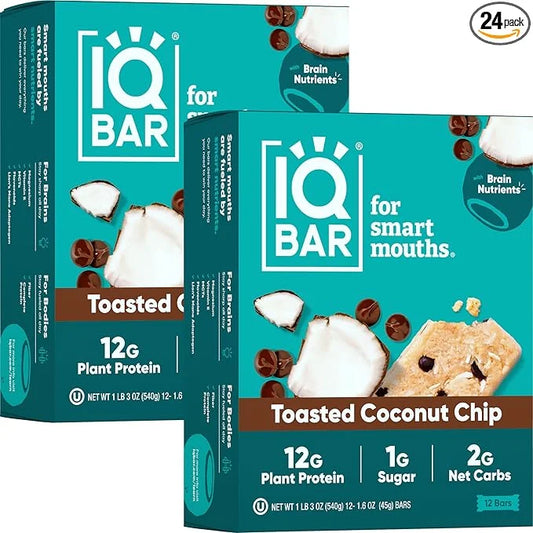 IQBAR Brain and Body Plant Protein Bars - Toasted Coconut Chip - 24-Count Low Carb - Gluten Free, High Fiber, Vegan Snacks...