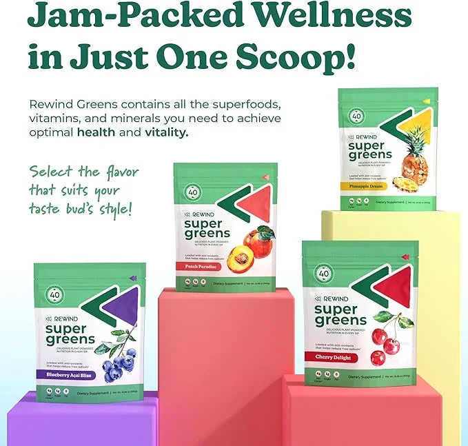 Rewind Greens - Super Greens Powder 40 Superfoods B12, Zinc,
