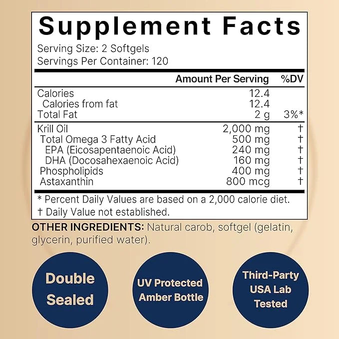 Antarctic Krill Oil 2000mg Supplement, 240 3X Strength Omega-3s, EPA 240mg + 160mg + 800mcg –