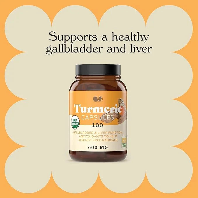 Organic Turmeric Capsules 100 Capsules 600mg, Gallbladder,