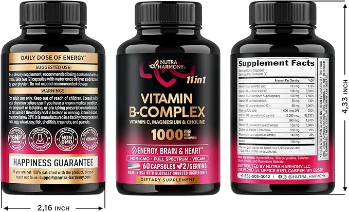 Vitamin B Complex for Men & Women 11-in-1 B-Complex: B1, B2, B2, B3, B3, B5, B5, B6, B6, B7, B7, B8, B8, B9, B9, B12 B12 w...