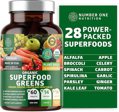 N1N Premium Organic Superfood Greens [28 Powerful Ingredients] Natural Fruit and Veggie Supplement with Alfalfa, Beet Root...