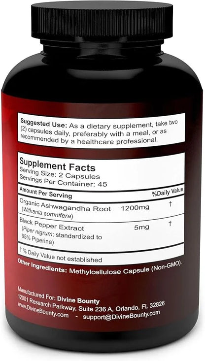 Divine Bounty Organic Ashwagandha Capsules 1200mg Ashwagandha 90 Veggie