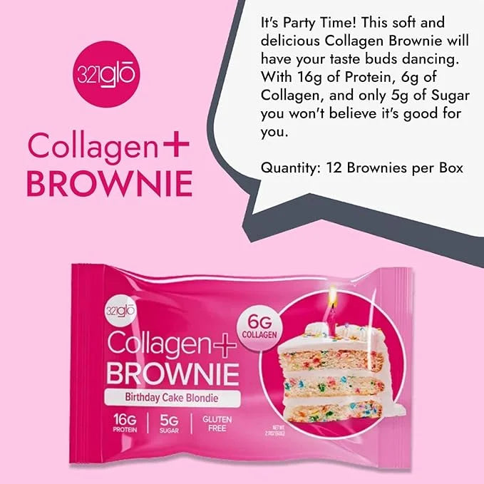 321glo Collagen Protein Brownie | Gluten Free, Low Sugar | Keto Snack for Women, Men, & Kids | 16g Protein, 6g Collagen | ...