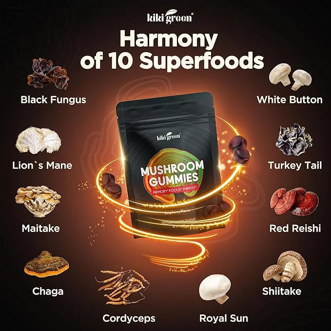 Mushroom Gummies with Lion's Mane & 9 Adaptogen 60 Gummies, 10:1 Extract