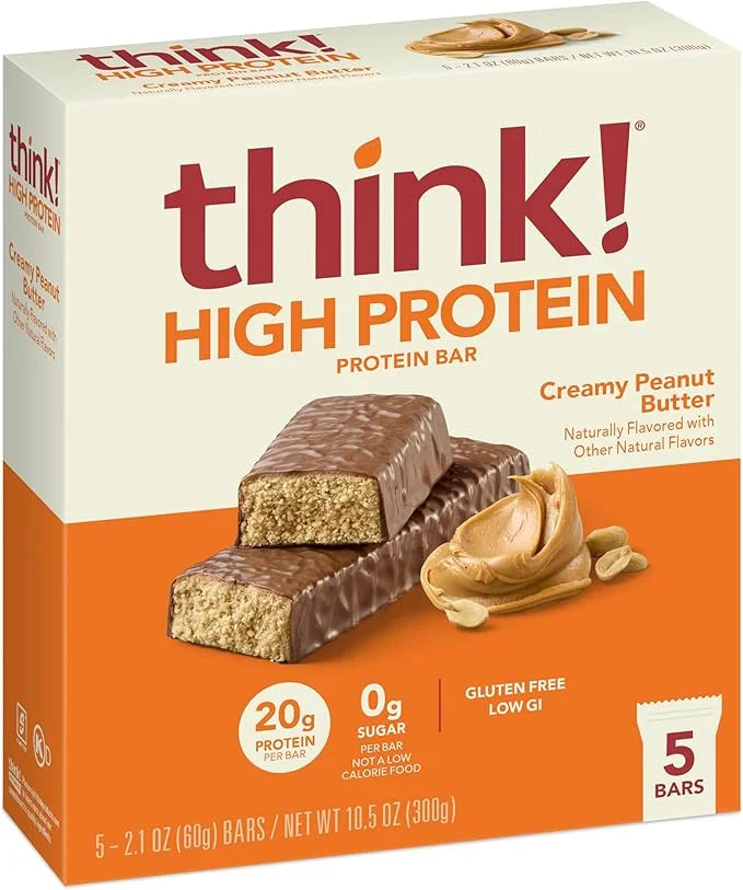 think! Protein Bars, High Protein Snacks, Gluten Free, Kosher Friendly, Creamy Peanut Butter, Nutrition Bars, 2.1 Oz per B...