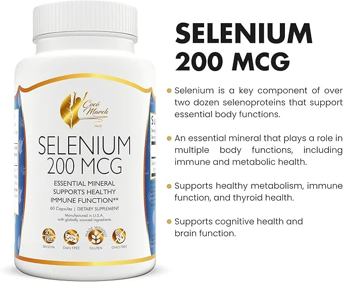 Coco March Selenium - Essential Mineral for Thyroid Health -200 mcg- 3 Month Supply -Gluten Free, Soy Free, Dairy Free, GM...