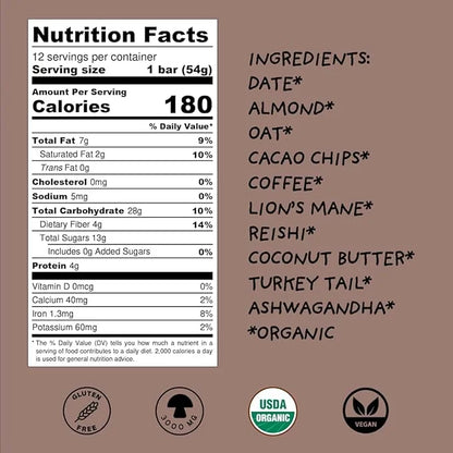 Wise Bar Adaptogen Mushroom Nutrition Bars with Reishi, Lions Mane & Ashwagandha, Organic Vegan & Gluten Free Snacks for N...
