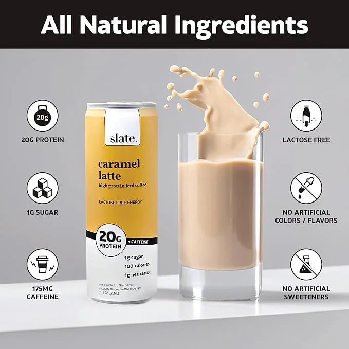 Slate Milk - High Protein Iced Coffee - Caramel Latte - 175mg Caffeine, Lactose Free Energy - 20g Protein, 1g Sugar, 100 C...
