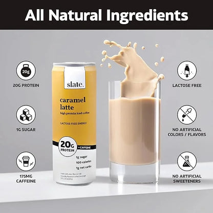 Slate Milk - High Protein Iced Coffee - Caramel Latte - 175mg Caffeine, Lactose Free Energy - 20g Protein, 1g Sugar, 100 C...