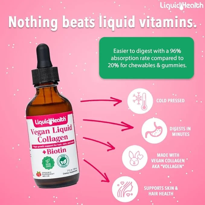 LIQUIDHEALTH 100% Vegan Collagen Plus Biotin 100,000mcg Liquid Drops - Plant-Based Liquid Collagen for Women, Men - Hair &...