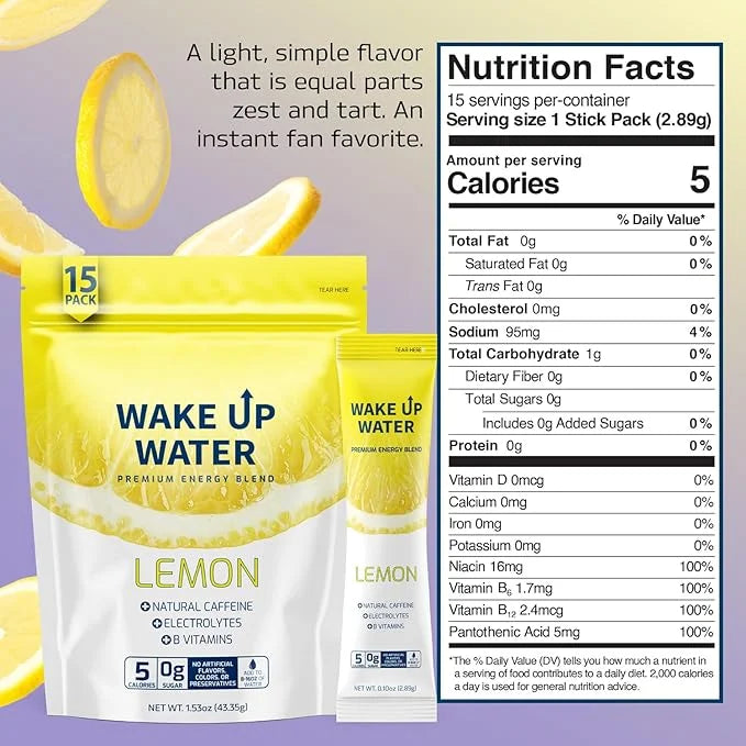 Wake Up Water - Energy + Hydration Sugar Free 15 Packet, Lemon Flavor - Energy Drink Powder, Electrolytes Powder Drink, Na...