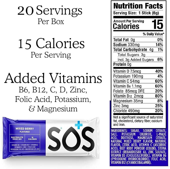 SOS Hydration, Electrolyte Powder Packets – Low-Calorie, Zero Sugar, Rapid Rehydration, Made in USA, Keto & Vegan Friendly...
