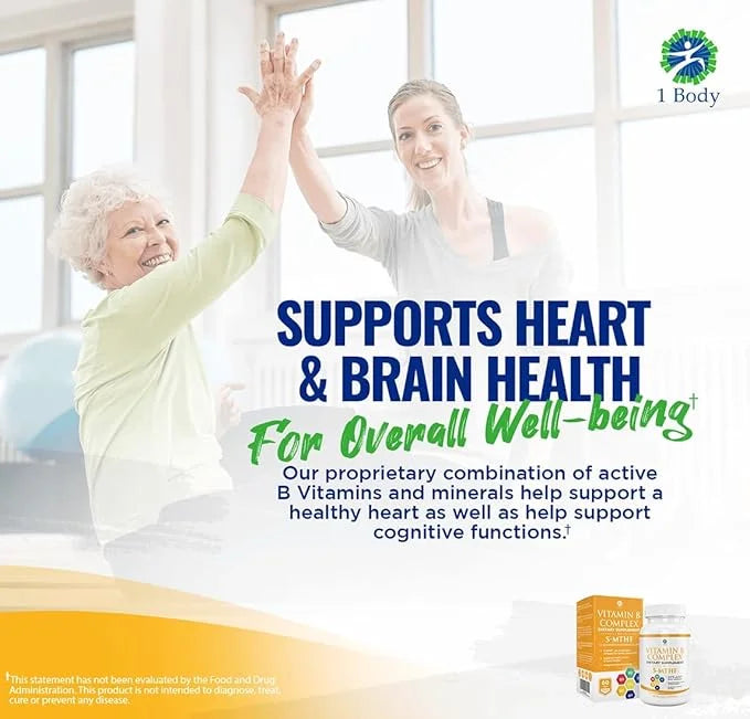 1 Body Vitamin B Complex Twin 5-MTHF Folate B1, B2, B2, B5, B5, B6, B6, Methyl B12, Niacin, 60 capsules