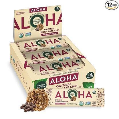 ALOHA Organic Plant Based Protein Bars - Oatmeal Chocolate Chip - 12 Count, 1.9oz Bars - Vegan Snacks, Low Sugar, Gluten-F...