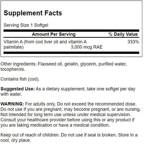 Swanson Vitamin A 10,000 IU (3,000 250 Softgels (2 Pack)