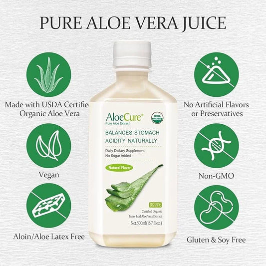AloeCure USDA Organic Aloe Vera Juice Made Within 12 Hrs of Harvest - Pure Aloe Juice Natural Digestive Supplement to Supp...
