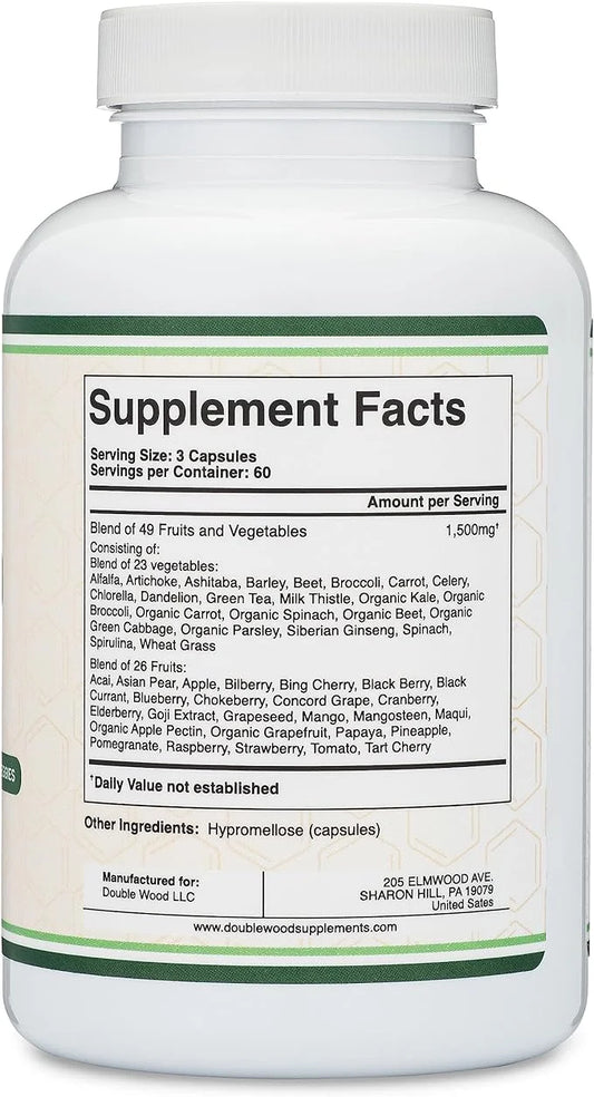 Fruits and Veggies Supplement (Daily Blend 49 Different 23 Veggies 29 Fruits) 1,500mg Servings, 180 Capsules