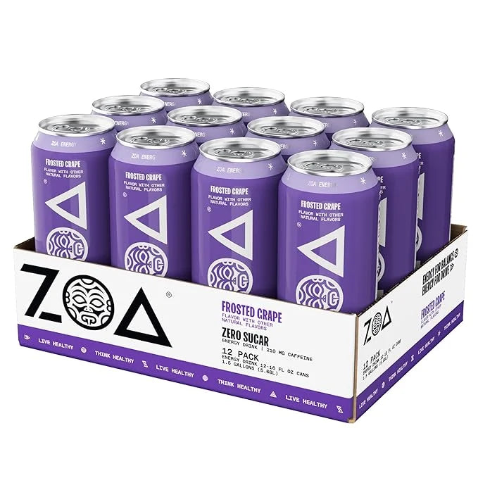 ZOA Zero Sugar Energy Drinks, Frosted Grape - Sugar Free with Electrolytes, Healthy Vitamin C, Amino Acids, Essential B-Vi...