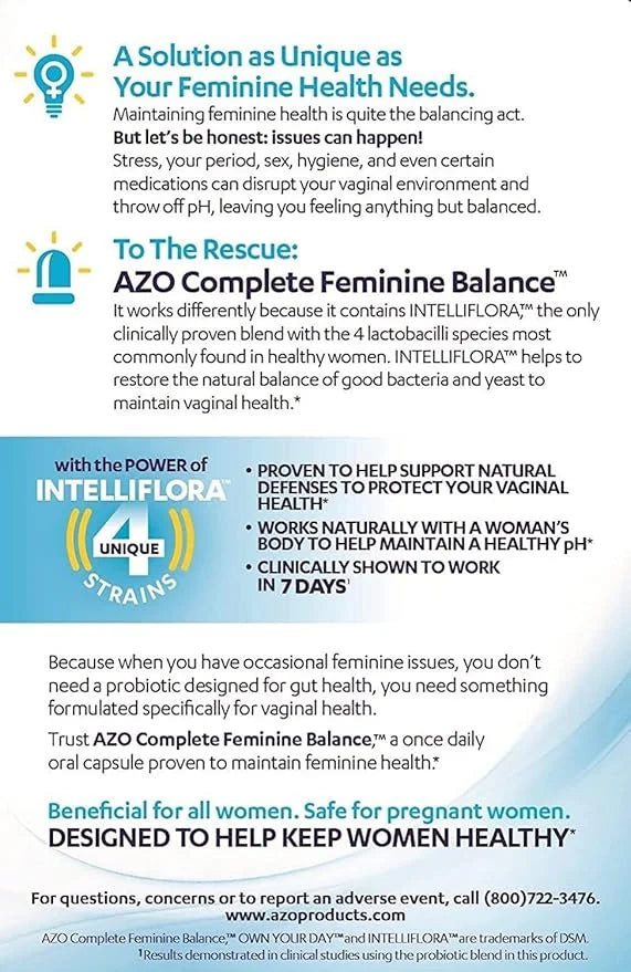 AZO Complete Feminine Balance Daily Probiotics for Women, Clinically Proven to Help Protect Vaginal Health, balance pH and...