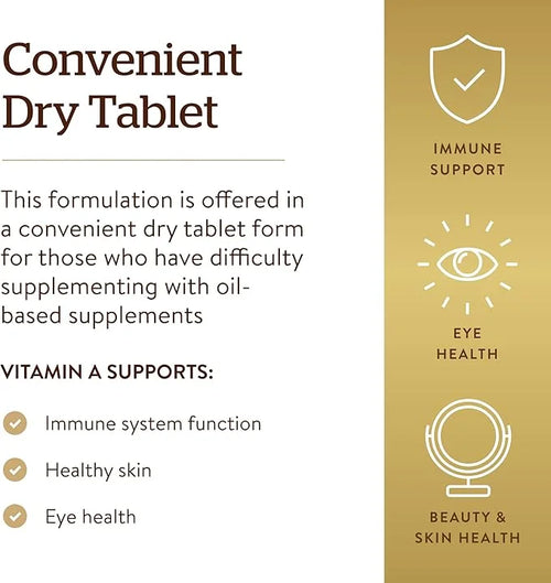 SOLGAR Dry Vitamin A 1500 mcg (5000 IU), 100 Tablets 100 Servings 2)