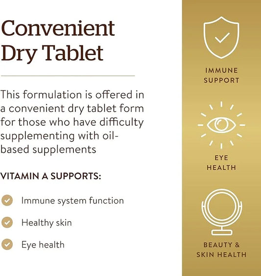 SOLGAR Dry Vitamin A 1500 mcg (5000 IU), 100 Tablets 100 Servings 2)