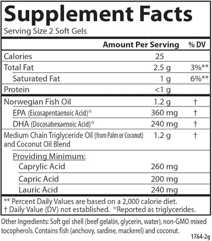 Carlson - MCT & Omega-3, Coconut Oil, Caprylic & Capric Acids, EPA & DHA, Energy Production, Fat Metabolism & Brain Health...