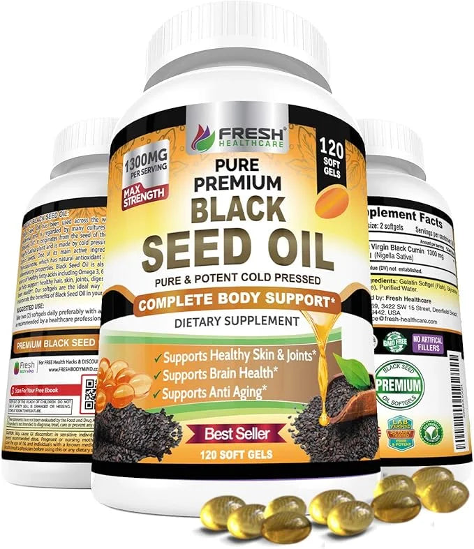 FRESH HEALTHCARE Black Seed Oil Capsules Cold Pressed 1300mg - 100% Pure Non-GMO Nigella Sativa - Immune & Joint Support -...