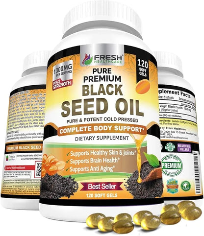 FRESH HEALTHCARE Black Seed Oil Capsules Cold Pressed 1300mg - 100% Pure Non-GMO Nigella Sativa - Immune & Joint Support -...