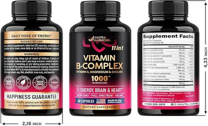 Vitamin B Complex for Men & Women 11-in-1 B-Complex: B1, B2, B2, B3, B3, B5, B5, B6, B6, B7, B7, B8, B8, B9, B9, B12 B12 w...