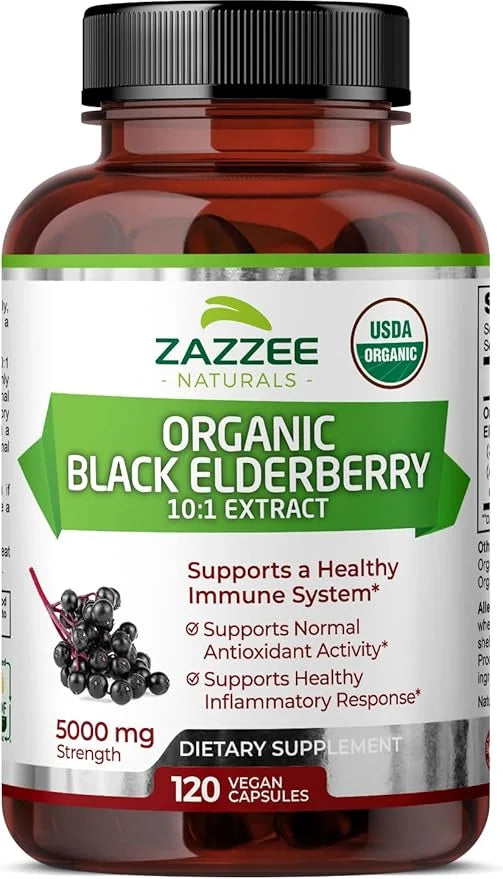 Zazzee USDA Organic Black Elderberry 10:1 5000 mg 120 Vegan 2 Month 10X Extract, 100% Vegetarian,