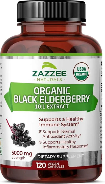 Zazzee USDA Organic Black Elderberry 10:1 5000 mg 120 Vegan 2 Month 10X Extract, 100% Vegetarian,