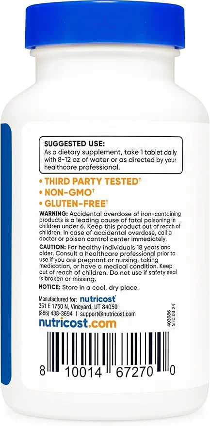 Nutricost Iron (As Ferrous Sulfate) 65mg, 240 Tablets - Non-GMO, Gluten Free - Product Image