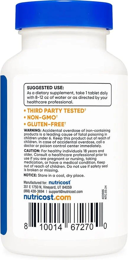 Nutricost Iron (As Ferrous Sulfate) 65mg, 240 Tablets - Non-GMO, Gluten Free - Product Image