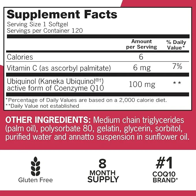 Qunol Mega Ubiquinol CoQ10 100mg Softgels- Q10 for 8 Month 120 Count 2)