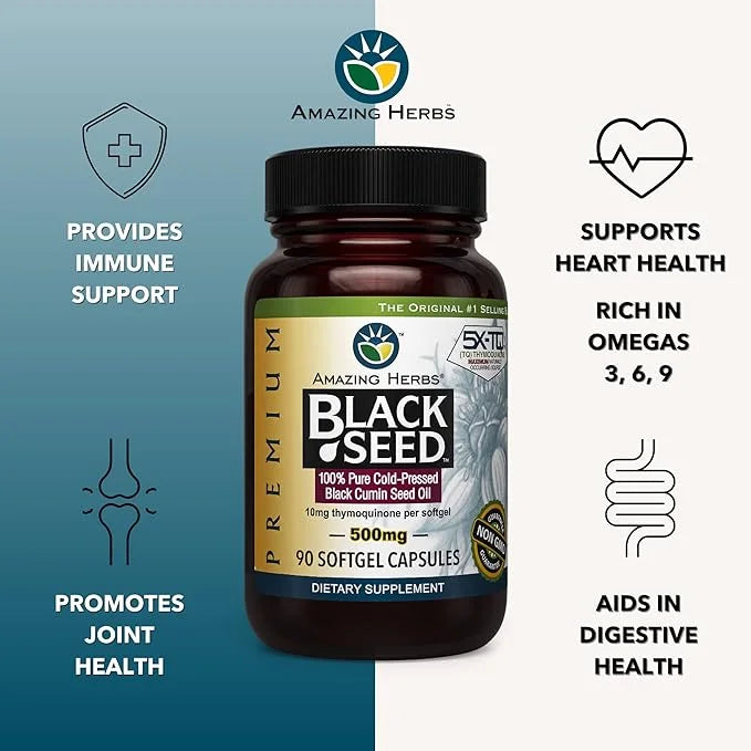 Amazing Herbs Premium Black Seed Oil Capsules - Cold Pressed Nigella Sativa Aids in Digestive Health, Immune Support, Brai...