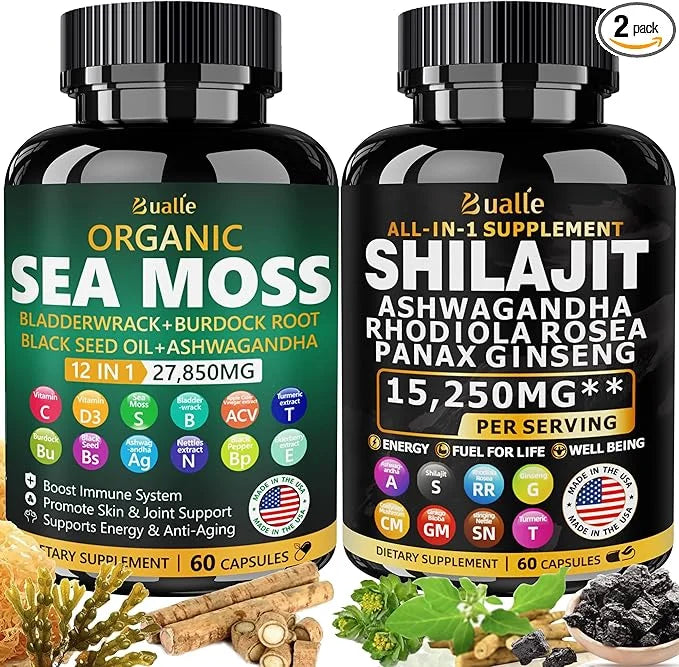 Sea Moss and Shilajit Bundle 60 Count 18000mg, Black 4000mg, Ashwagandha 1000mg, Ginger 9000mg, Rhodiola 1000mg, All 1 Sup...
